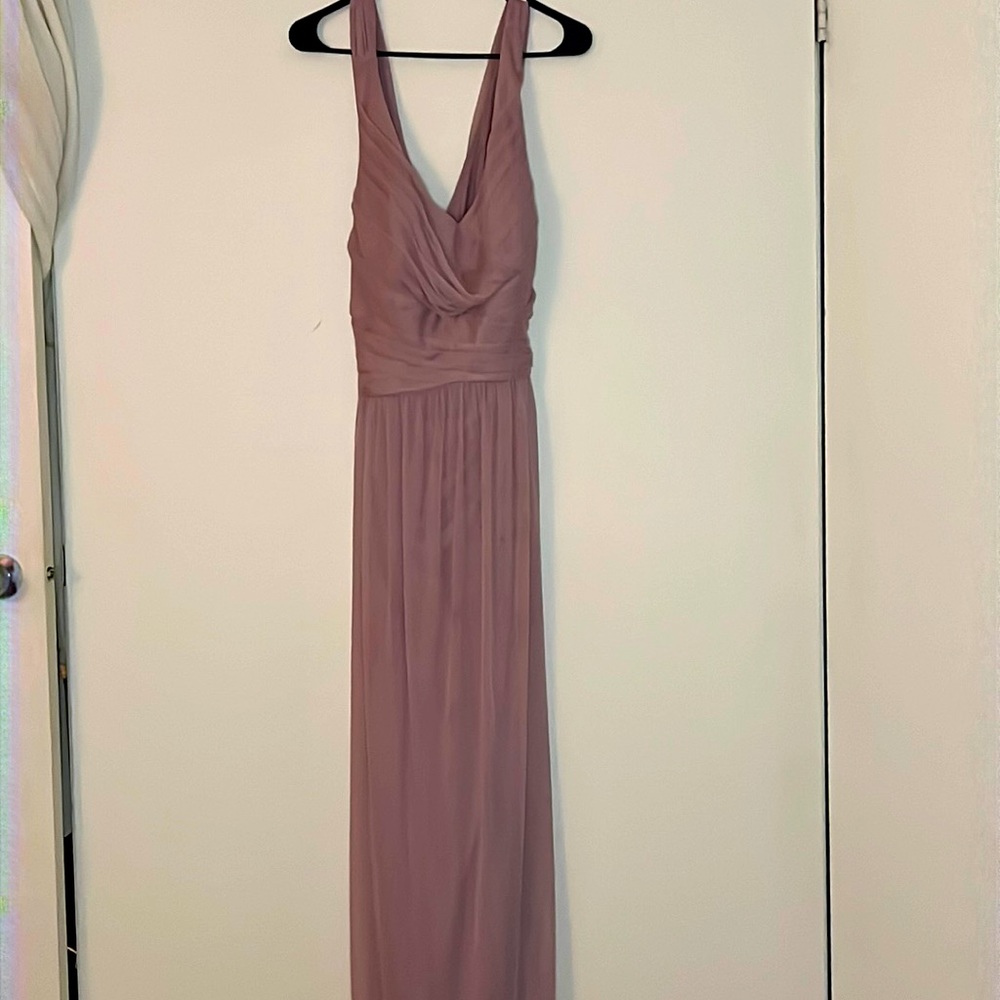 David’s Bridal bridesmaid dress in mauve.